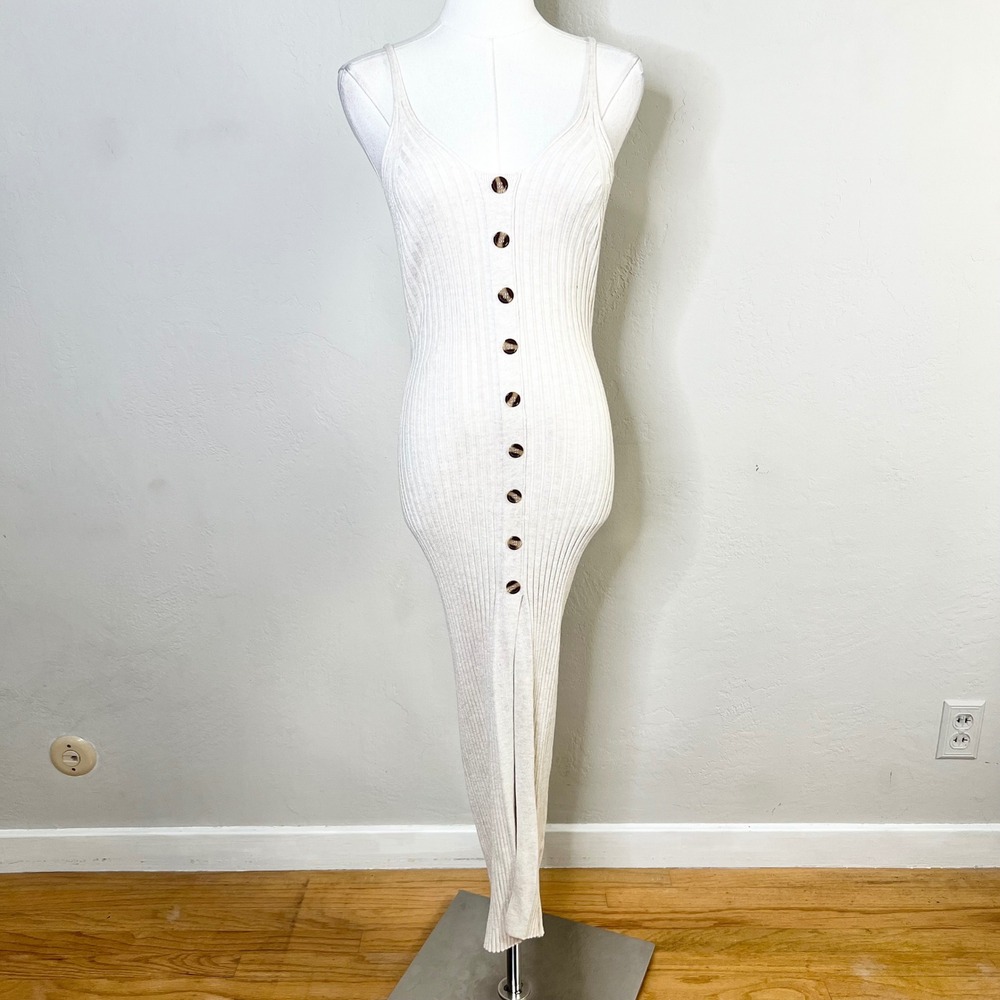 Lulus‎ Midi Dress Ribbed Knit Bodycon Size XS Cream Button Front Sleeveless